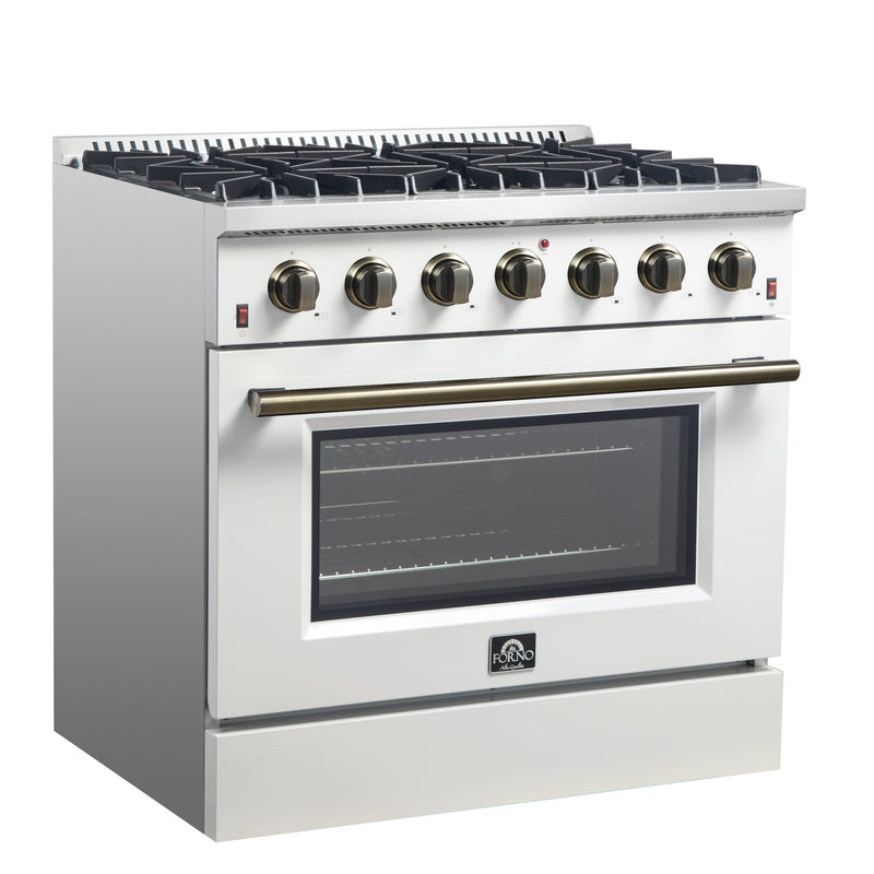 Forno Galiano 36" Freestanding Gas Range in White, 6 Burners, Cast-Iron Grates, with Antique Brass Handles, FFSGS6244-36WHT