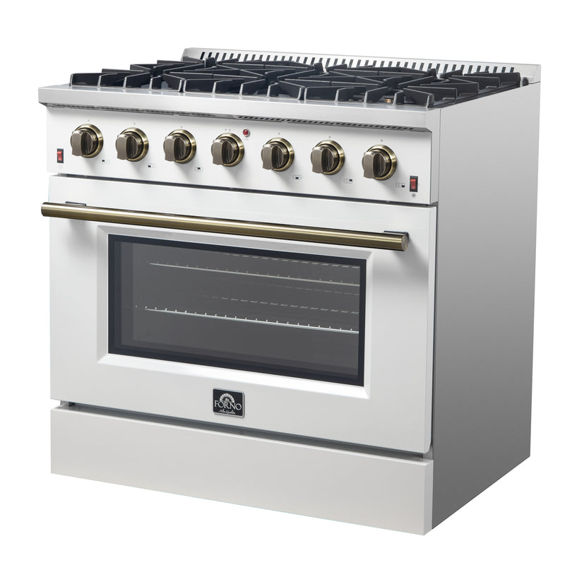 Forno Galiano 36" Freestanding Gas Range in White, 6 Burners, Cast-Iron Grates, with Antique Brass Handles, FFSGS6244-36WHT