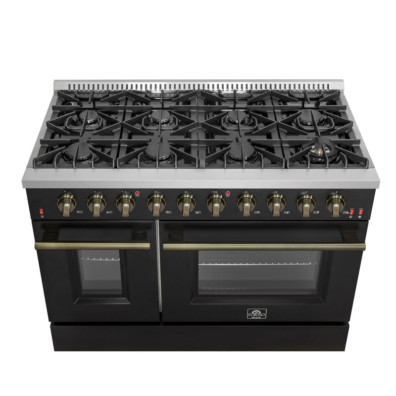 Forno Galiano 48" Freestanding Gas Range in Black, Double Oven, 8 Burners, Griddle, with Antique Brass Handles, FFSGS6244-48BLK