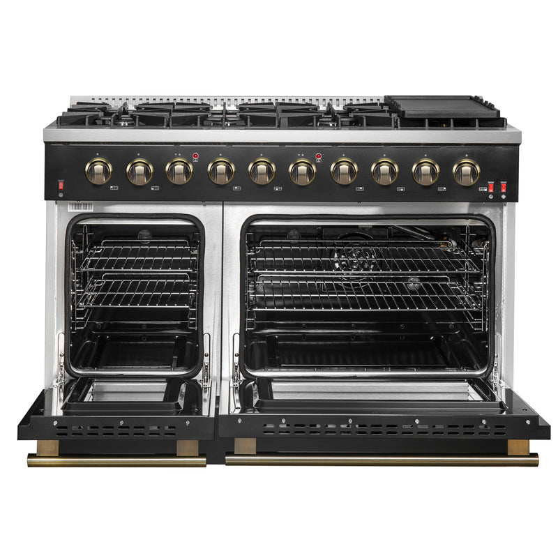 Forno Galiano 48" Freestanding Gas Range in Black, Double Oven, 8 Burners, Griddle, with Antique Brass Handles, FFSGS6244-48BLK