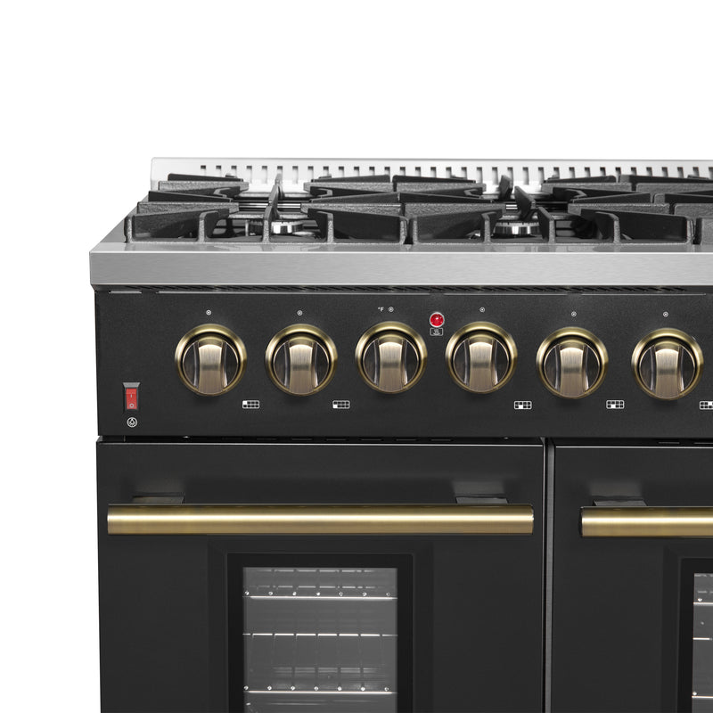 Forno Galiano 48" Freestanding Gas Range in Black, Double Oven, 8 Burners, Griddle, with Antique Brass Handles, FFSGS6244-48BLK