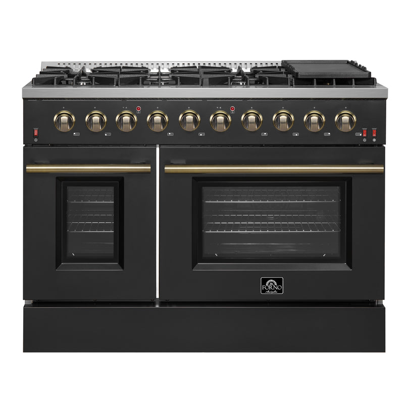 Forno Galiano 48" Freestanding Gas Range in Black, Double Oven, 8 Burners, Griddle, with Antique Brass Handles, FFSGS6244-48BLK
