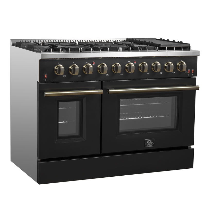 Forno Galiano 48" Freestanding Gas Range in Black, Double Oven, 8 Burners, Griddle, with Antique Brass Handles, FFSGS6244-48BLK