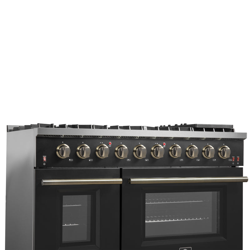 Forno Galiano 48" Freestanding Gas Range in Black, Double Oven, 8 Burners, Griddle, with Antique Brass Handles, FFSGS6244-48BLK