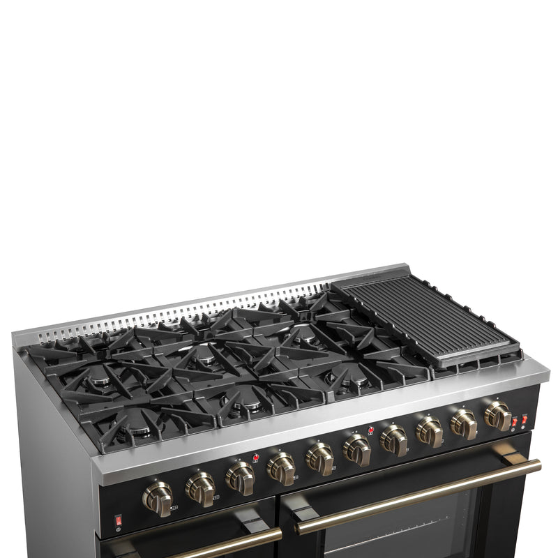 Forno Galiano 48" Freestanding Gas Range in Black, Double Oven, 8 Burners, Griddle, with Antique Brass Handles, FFSGS6244-48BLK