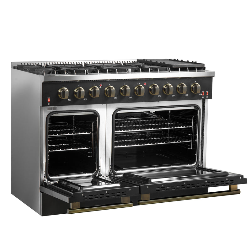 Forno Galiano 48" Freestanding Gas Range in Black, Double Oven, 8 Burners, Griddle, with Antique Brass Handles, FFSGS6244-48BLK