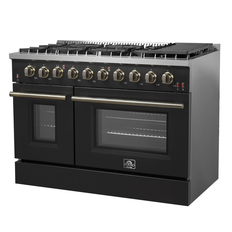 Forno Galiano 48" Freestanding Gas Range in Black, Double Oven, 8 Burners, Griddle, with Antique Brass Handles, FFSGS6244-48BLK