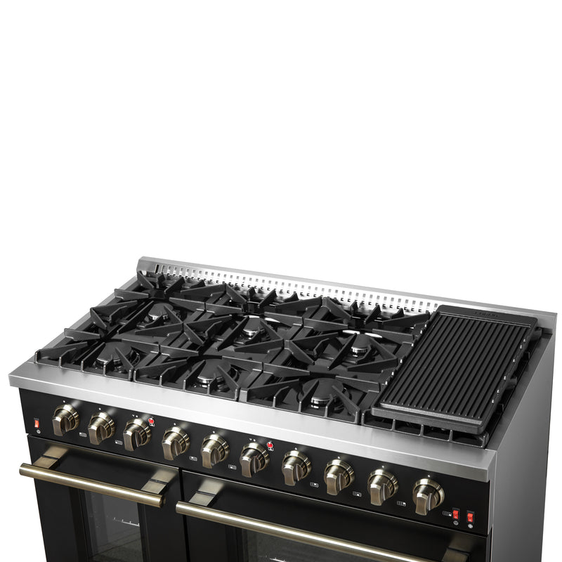 Forno Galiano 48" Freestanding Gas Range in Black, Double Oven, 8 Burners, Griddle, with Antique Brass Handles, FFSGS6244-48BLK