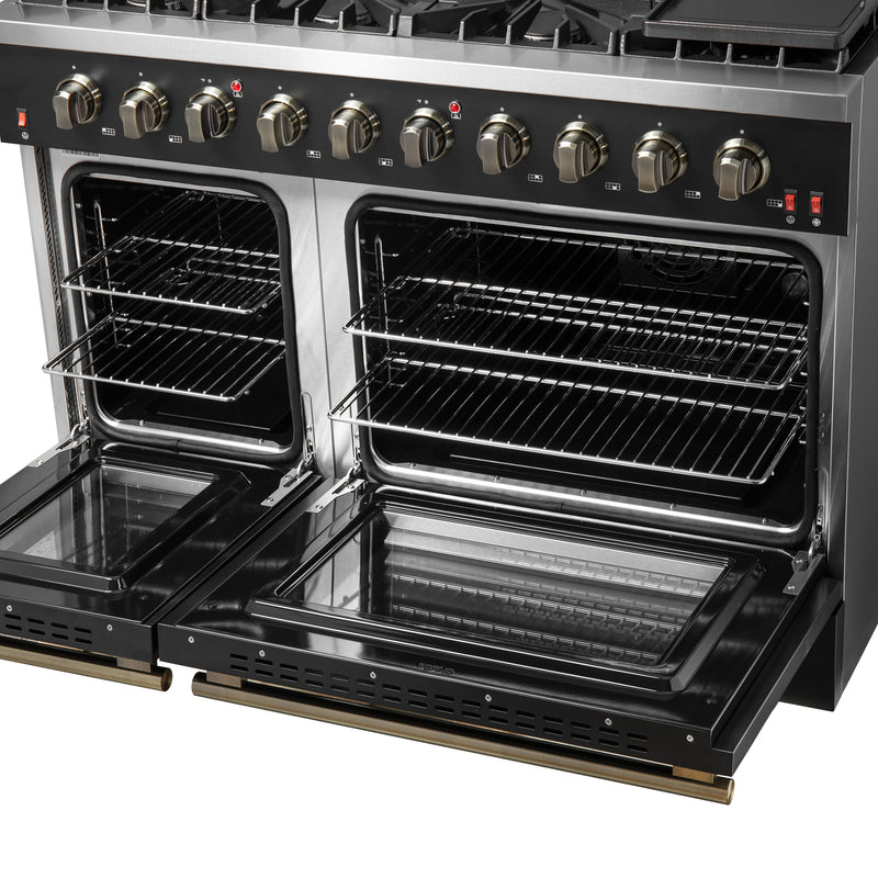 Forno Galiano 48" Freestanding Gas Range in Black, Double Oven, 8 Burners, Griddle, with Antique Brass Handles, FFSGS6244-48BLK