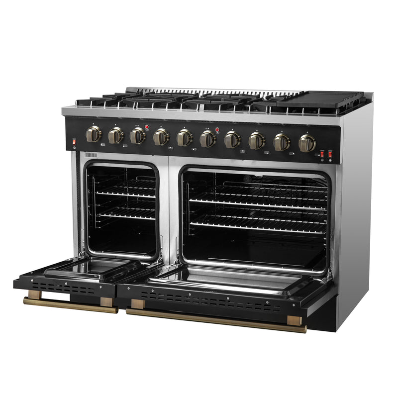 Forno Galiano 48" Freestanding Gas Range in Black, Double Oven, 8 Burners, Griddle, with Antique Brass Handles, FFSGS6244-48BLK
