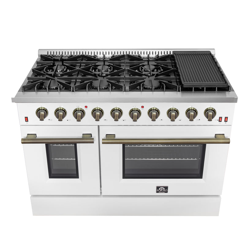 Forno Galiano 48" Freestanding Gas Range in White, Double Oven, 8 Burners, Griddle, with Antique Brass Handles, FFSGS6244-48WHT