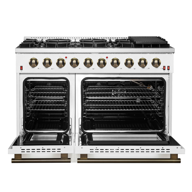 Forno Galiano 48" Freestanding Gas Range in White, Double Oven, 8 Burners, Griddle, with Antique Brass Handles, FFSGS6244-48WHT