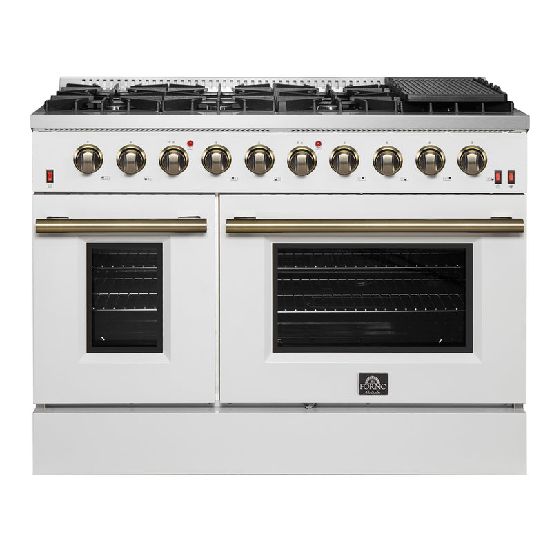 Forno Galiano 48" Freestanding Gas Range in White, Double Oven, 8 Burners, Griddle, with Antique Brass Handles, FFSGS6244-48WHT