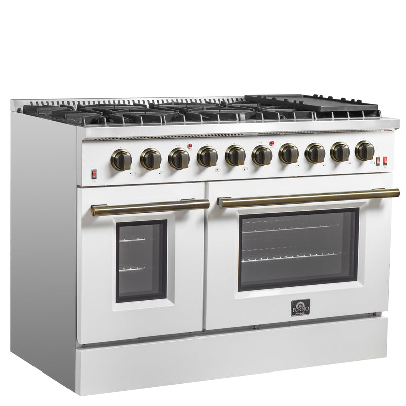 Forno Galiano 48" Freestanding Gas Range in White, Double Oven, 8 Burners, Griddle, with Antique Brass Handles, FFSGS6244-48WHT
