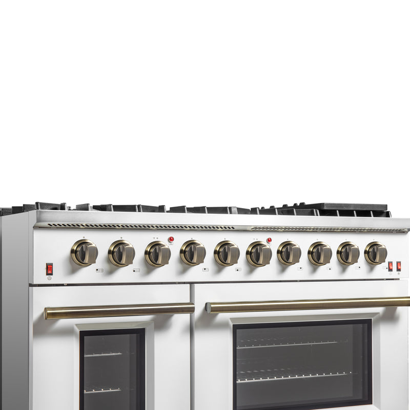 Forno Galiano 48" Freestanding Gas Range in White, Double Oven, 8 Burners, Griddle, with Antique Brass Handles, FFSGS6244-48WHT