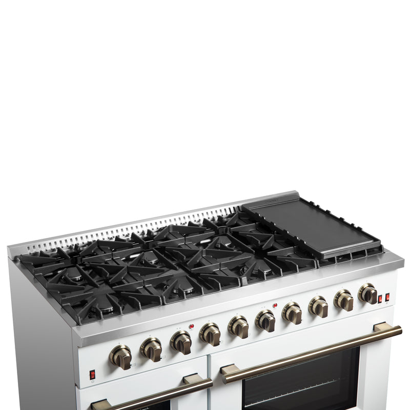 Forno Galiano 48" Freestanding Gas Range in White, Double Oven, 8 Burners, Griddle, with Antique Brass Handles, FFSGS6244-48WHT