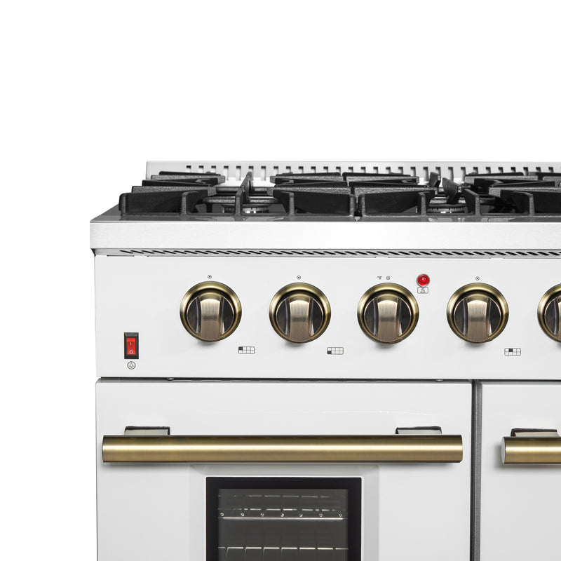 Forno Galiano 48" Freestanding Gas Range in White, Double Oven, 8 Burners, Griddle, with Antique Brass Handles, FFSGS6244-48WHT