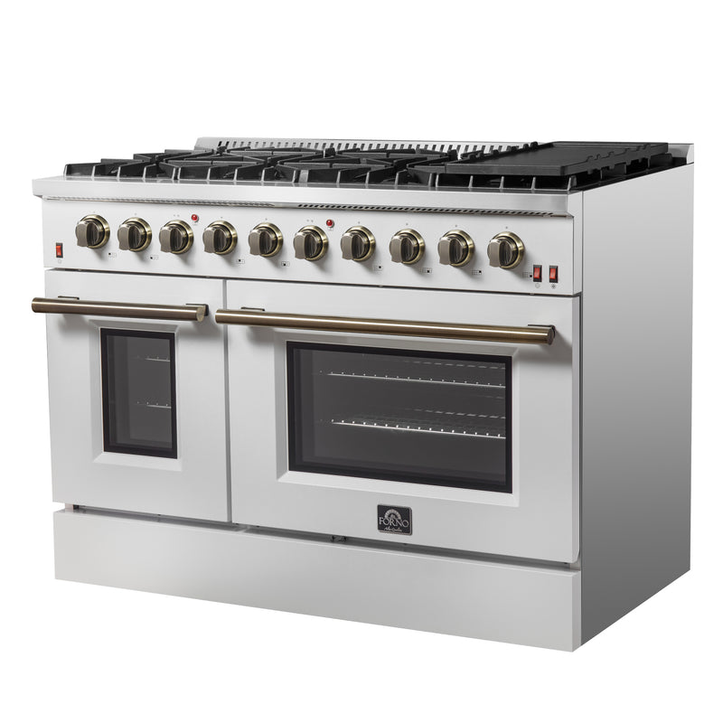 Forno Galiano 48" Freestanding Gas Range in White, Double Oven, 8 Burners, Griddle, with Antique Brass Handles, FFSGS6244-48WHT