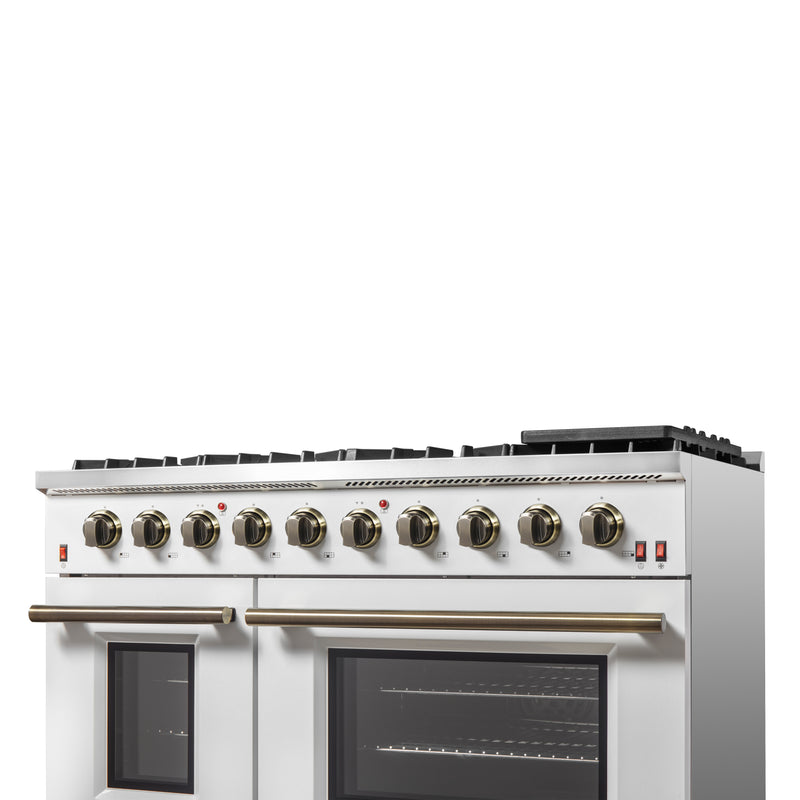 Forno Galiano 48" Freestanding Gas Range in White, Double Oven, 8 Burners, Griddle, with Antique Brass Handles, FFSGS6244-48WHT