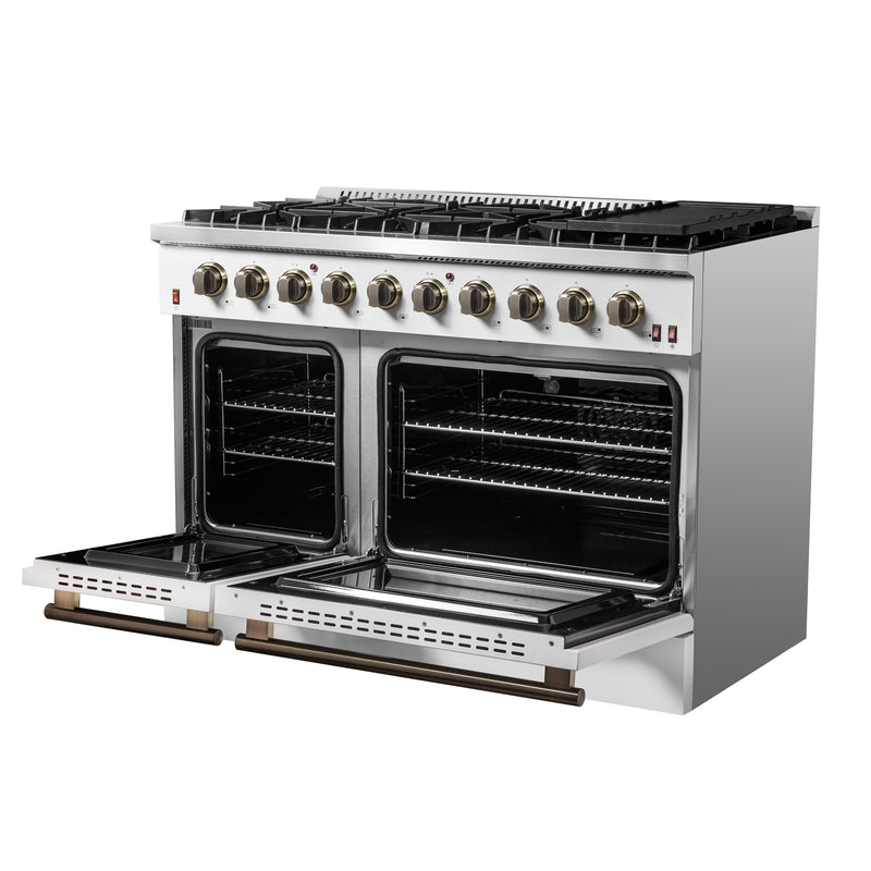 Forno Galiano 48" Freestanding Gas Range in White, Double Oven, 8 Burners, Griddle, with Antique Brass Handles, FFSGS6244-48WHT