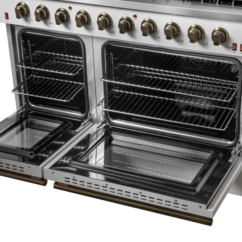 Forno Galiano 48" Freestanding Gas Range in White, Double Oven, 8 Burners, Griddle, with Antique Brass Handles, FFSGS6244-48WHT