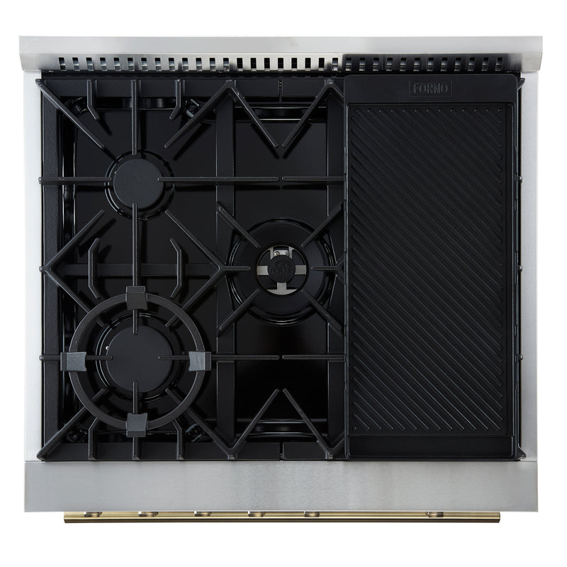 Forno Giovanni 30" Freestanding Gas Range in Black, Air Fry, 5 Burners, with Antique Brass Handles, FFSGS6274-30BLK