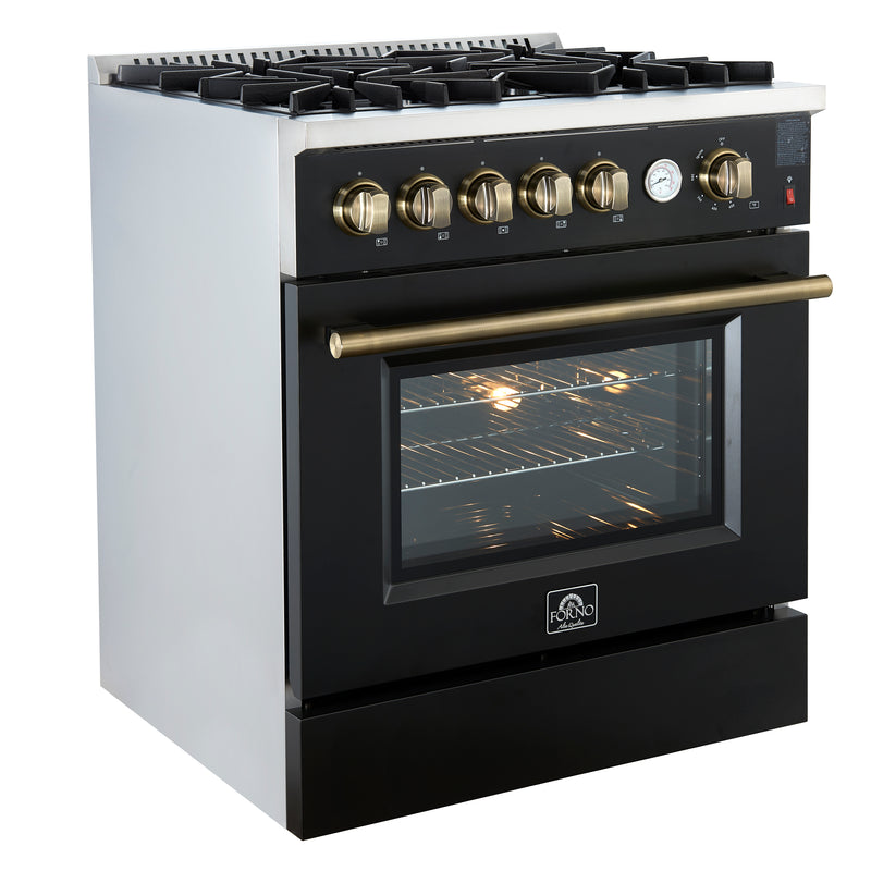 Forno Giovanni 30" Freestanding Gas Range in Black, Air Fry, 5 Burners, with Antique Brass Handles, FFSGS6274-30BLK