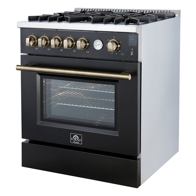 Forno Giovanni 30" Freestanding Gas Range in Black, Air Fry, 5 Burners, with Antique Brass Handles, FFSGS6274-30BLK