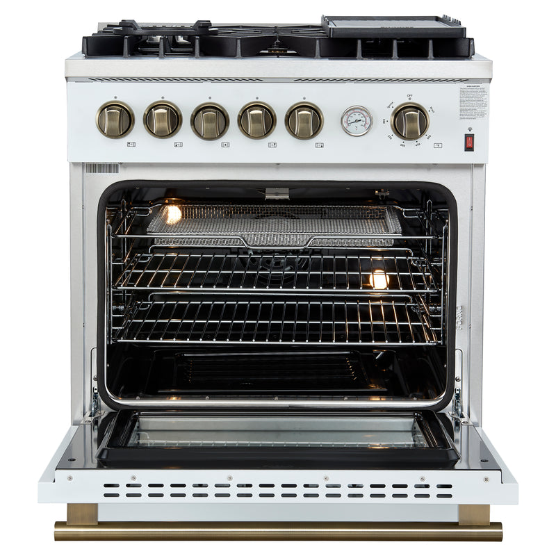 Forno Giovanni 30" Freestanding Gas Range in White, 5 Burners, Air Fry, with Antique Brass Handles, FFSGS6274-30WHT