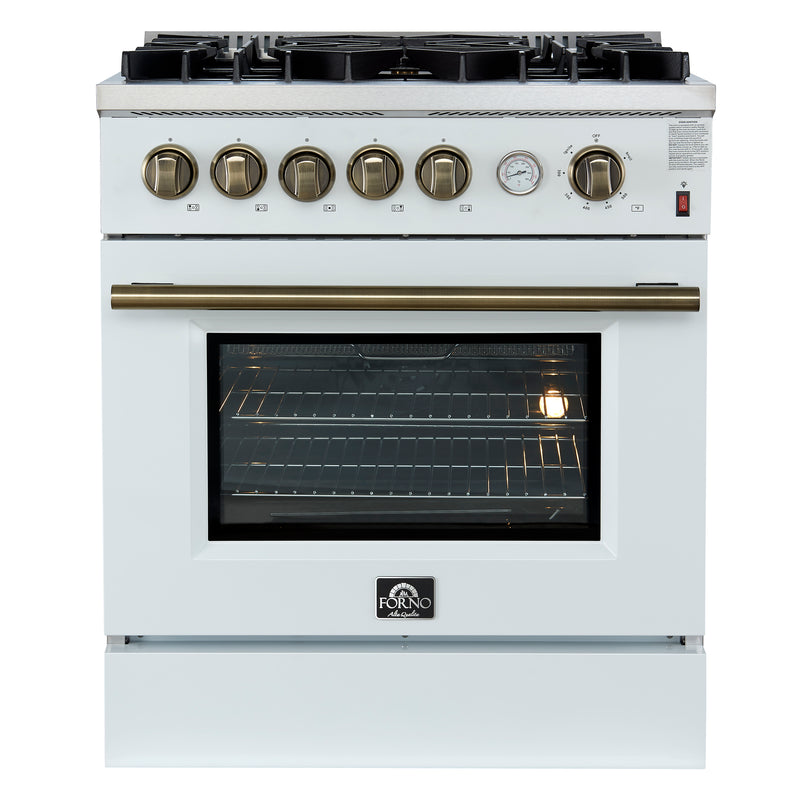 Forno Giovanni 30" Freestanding Gas Range in White, 5 Burners, Air Fry, with Antique Brass Handles, FFSGS6274-30WHT