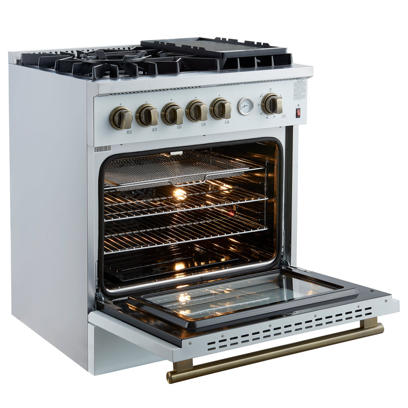 Forno Giovanni 30" Freestanding Gas Range in White, 5 Burners, Air Fry, with Antique Brass Handles, FFSGS6274-30WHT