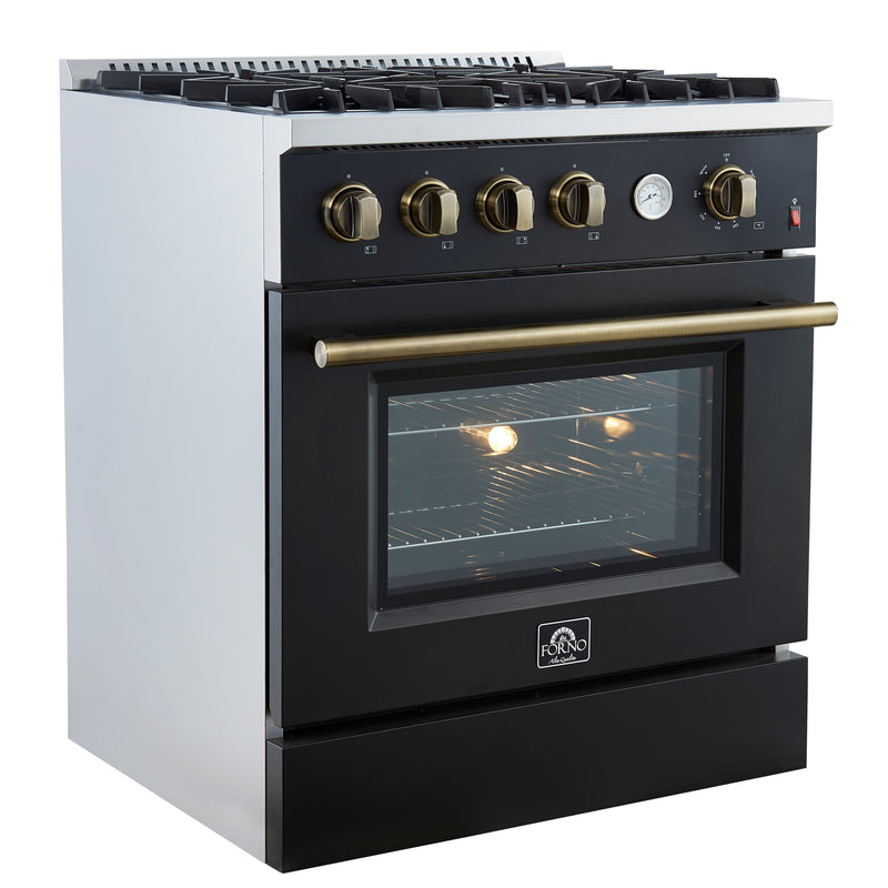 Forno Marco 30" Freestanding Gas Range in Black, 4 Burners, Convection Oven, with Antique Brass Handles, FFSGS6277-30BLK