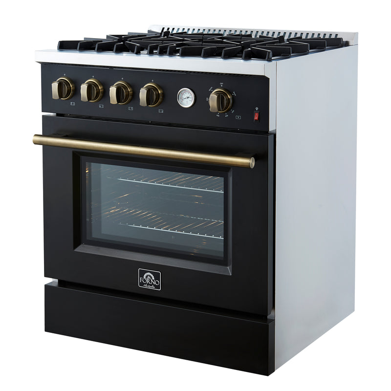 Forno Marco 30" Freestanding Gas Range in Black, 4 Burners, Convection Oven, with Antique Brass Handles, FFSGS6277-30BLK