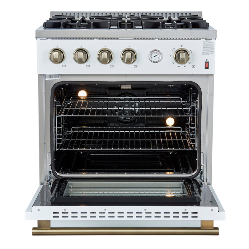Forno Marco 30" Freestanding Gas Range in White, 4 Sealed Burners, True Convection, with Antique Brass Handles, FFSGS6277-30WHT