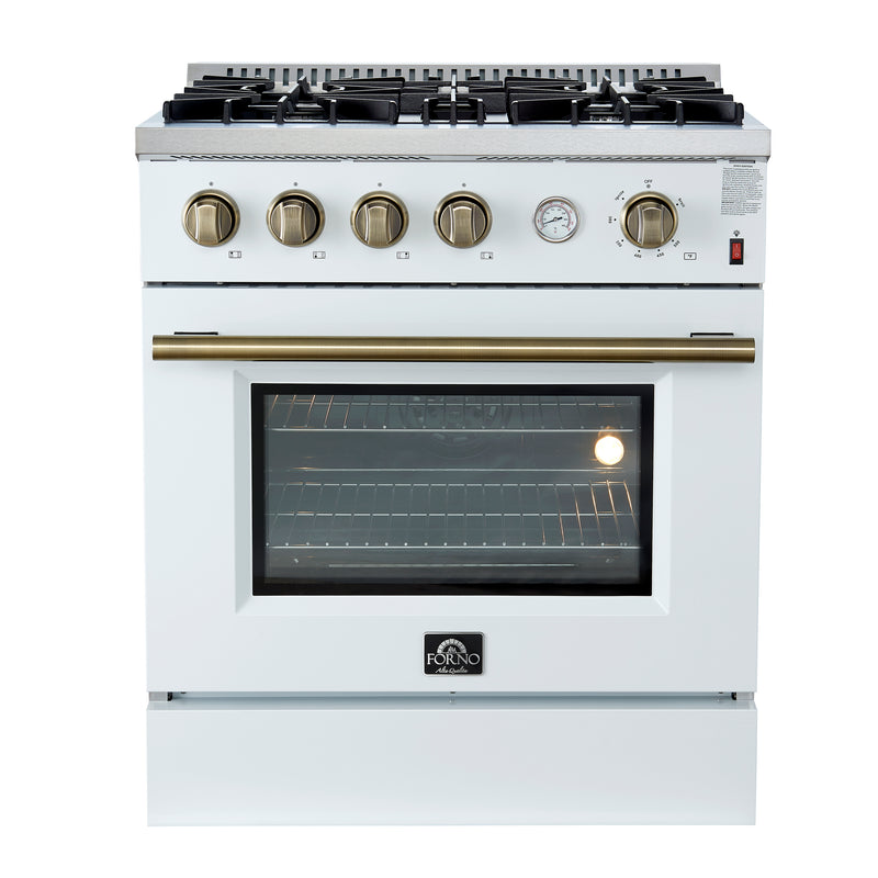 Forno Marco 30" Freestanding Gas Range in White, 4 Sealed Burners, True Convection, with Antique Brass Handles, FFSGS6277-30WHT