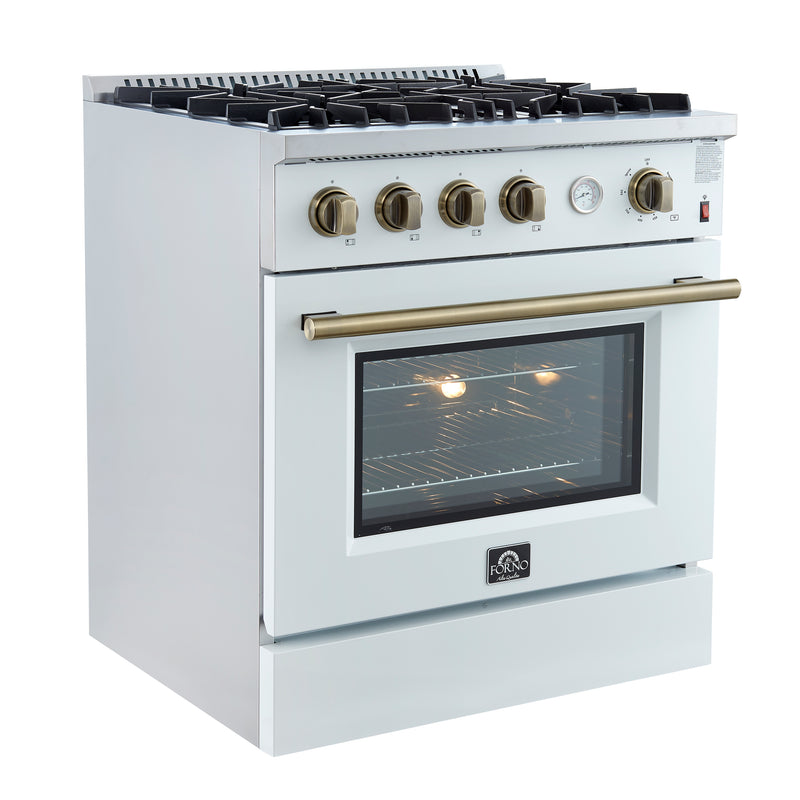 Forno Marco 30" Freestanding Gas Range in White, 4 Sealed Burners, True Convection, with Antique Brass Handles, FFSGS6277-30WHT