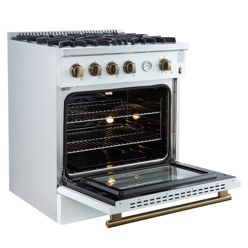 Forno Marco 30" Freestanding Gas Range in White, 4 Sealed Burners, True Convection, with Antique Brass Handles, FFSGS6277-30WHT