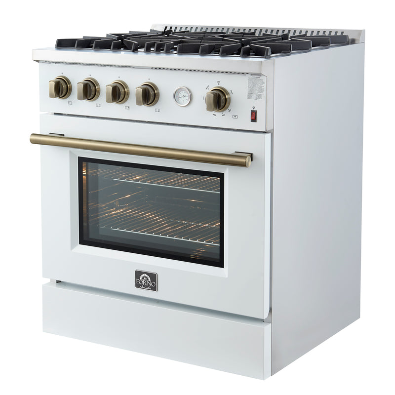Forno Marco 30" Freestanding Gas Range in White, 4 Sealed Burners, True Convection, with Antique Brass Handles, FFSGS6277-30WHT