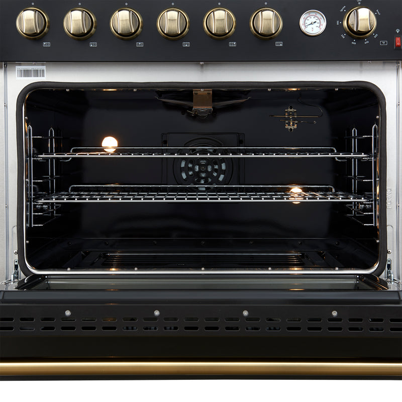 Forno Marco 36" Freestanding Gas Range in Black, 6 Burners, Convection Fan, with Antique Brass Handles,  FFSGS6277-36BLK