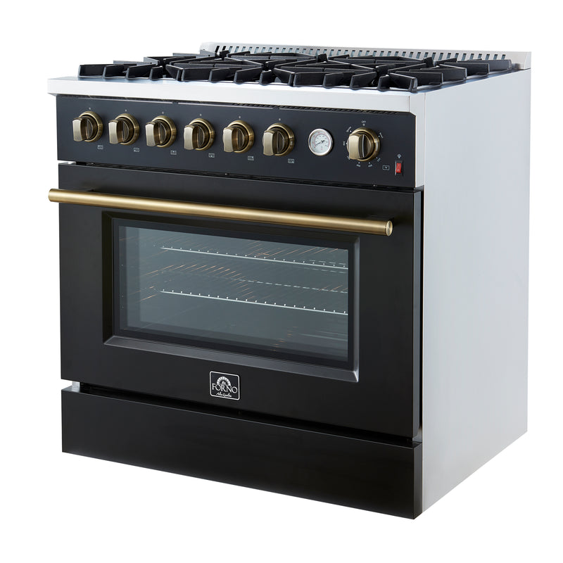 Forno Marco 36" Freestanding Gas Range in Black, 6 Burners, Convection Fan, with Antique Brass Handles,  FFSGS6277-36BLK