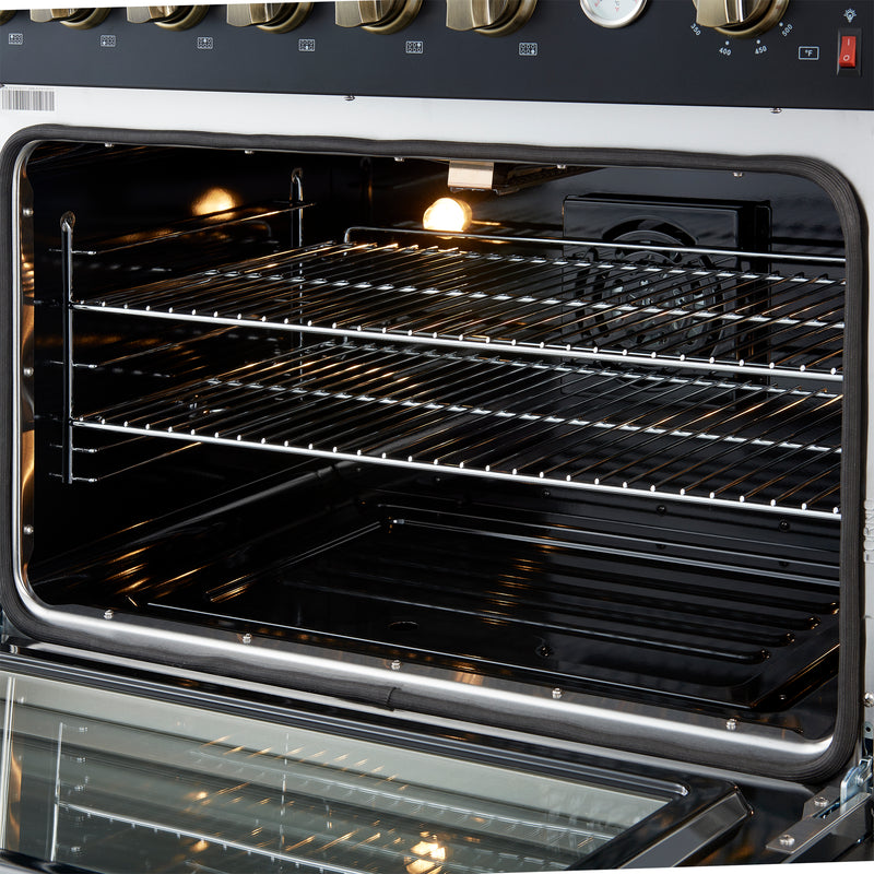 Forno Marco 36" Freestanding Gas Range in Black, 6 Burners, Convection Fan, with Antique Brass Handles,  FFSGS6277-36BLK