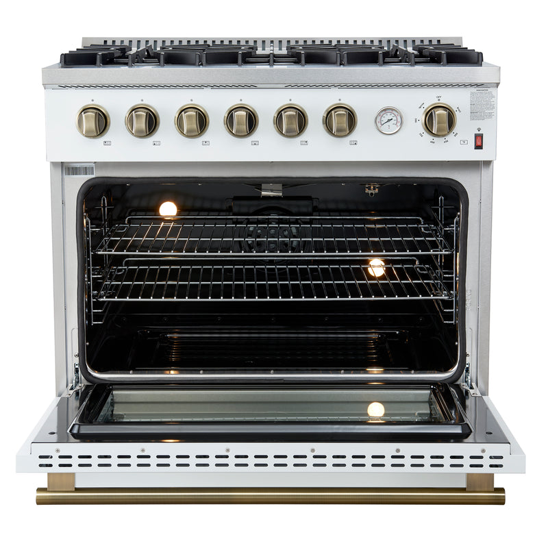 Forno Marco 36" Freestanding Gas Range in White, 6 Burners, Convection Fan, with Antique Brass Handles, FFSGS6277-36WHT
