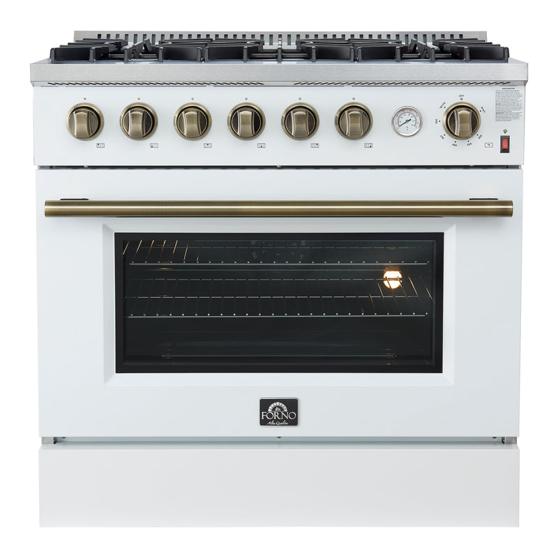 Forno Marco 36" Freestanding Gas Range in White, 6 Burners, Convection Fan, with Antique Brass Handles, FFSGS6277-36WHT
