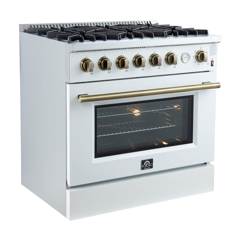 Forno Marco 36" Freestanding Gas Range in White, 6 Burners, Convection Fan, with Antique Brass Handles, FFSGS6277-36WHT