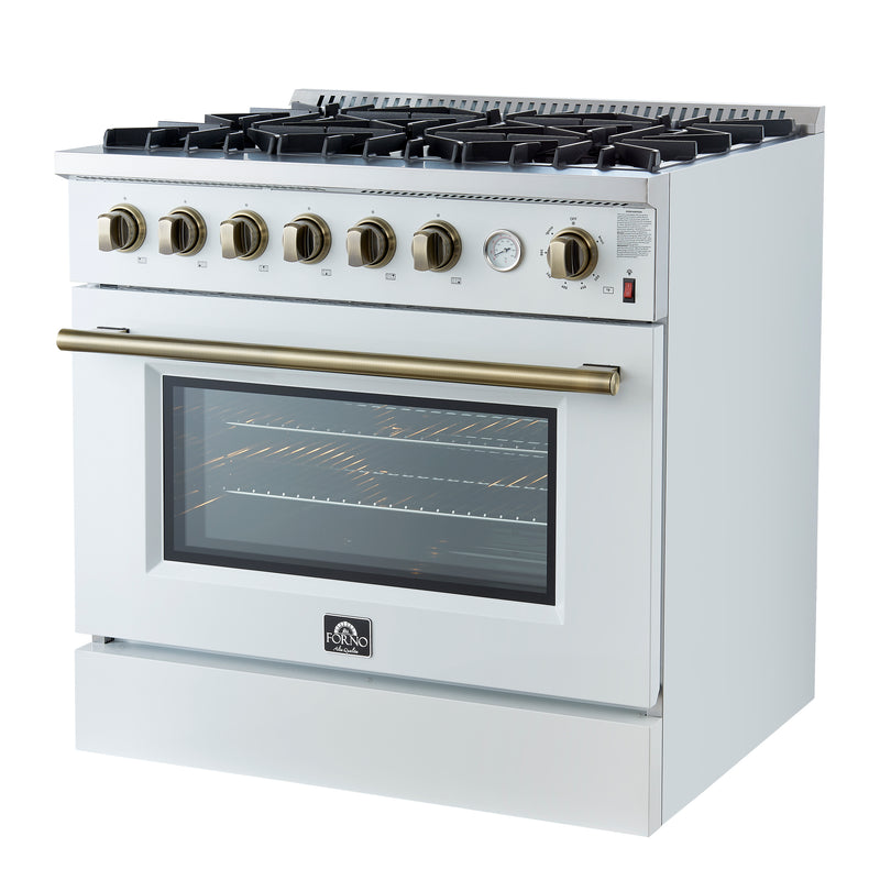 Forno Marco 36" Freestanding Gas Range in White, 6 Burners, Convection Fan, with Antique Brass Handles, FFSGS6277-36WHT