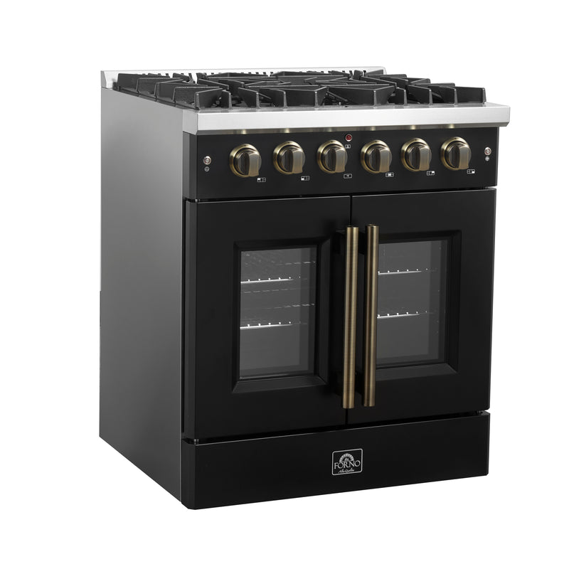 Forno Galiano 30" Freestanding French Door Gas Range in Black, 5 Burners, Convection Oven, with Antique Brass Handles, FFSGS6444-30BLK
