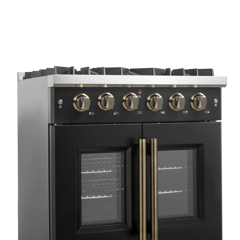 Forno Galiano 30" Freestanding French Door Gas Range in Black, 5 Burners, Convection Oven, with Antique Brass Handles, FFSGS6444-30BLK