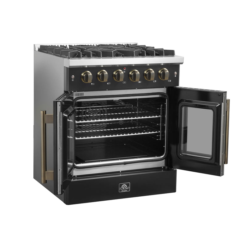 Forno Galiano 30" Freestanding French Door Gas Range in Black, 5 Burners, Convection Oven, with Antique Brass Handles, FFSGS6444-30BLK