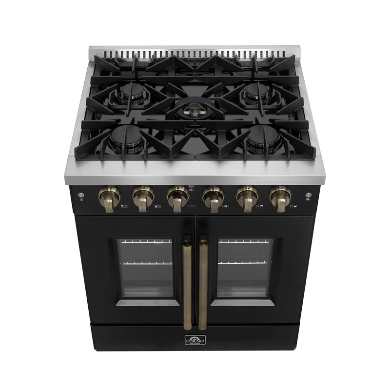 Forno Galiano 30" Freestanding French Door Gas Range in Black, 5 Burners, Convection Oven, with Antique Brass Handles, FFSGS6444-30BLK