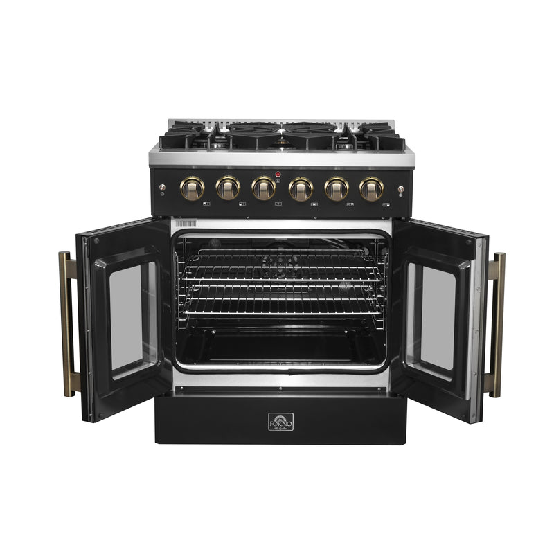 Forno Galiano 30" Freestanding French Door Gas Range in Black, 5 Burners, Convection Oven, with Antique Brass Handles, FFSGS6444-30BLK